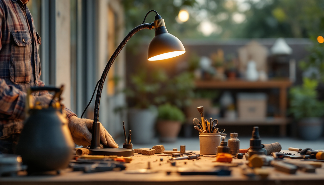A photograph of a stylish gooseneck lamp illuminating an outdoor workspace