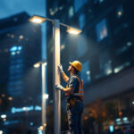 A photograph of a modern commercial lamp post installed in an urban setting