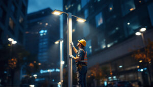 A photograph of a modern commercial lamp post installed in an urban setting