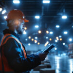 A photograph of a lighting contractor installing energy-efficient warehouse led lights in a spacious industrial setting