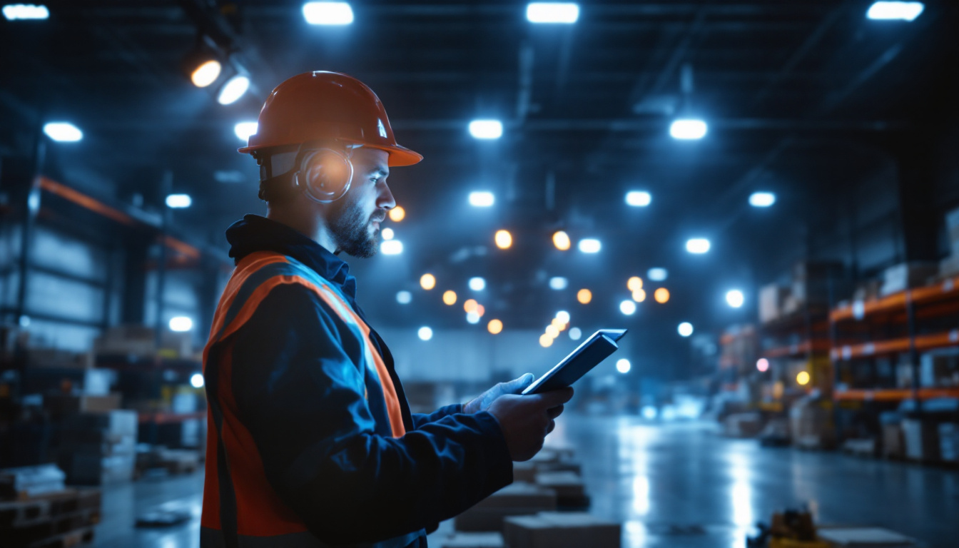 A photograph of a lighting contractor installing energy-efficient warehouse led lights in a spacious industrial setting