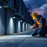 A photograph of a lighting contractor inspecting an industrial outdoor lighting installation at dusk