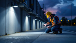 A photograph of a lighting contractor inspecting an industrial outdoor lighting installation at dusk