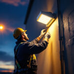 A photograph of a lighting contractor installing led wall pack lights on a commercial building
