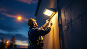 A photograph of a lighting contractor installing led wall pack lights on a commercial building