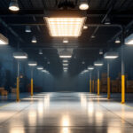 A photograph of a well-lit industrial space showcasing low bay led lights in action
