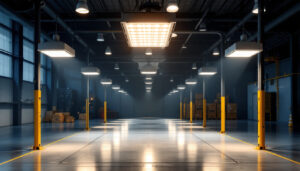 A photograph of a well-lit industrial space showcasing low bay led lights in action