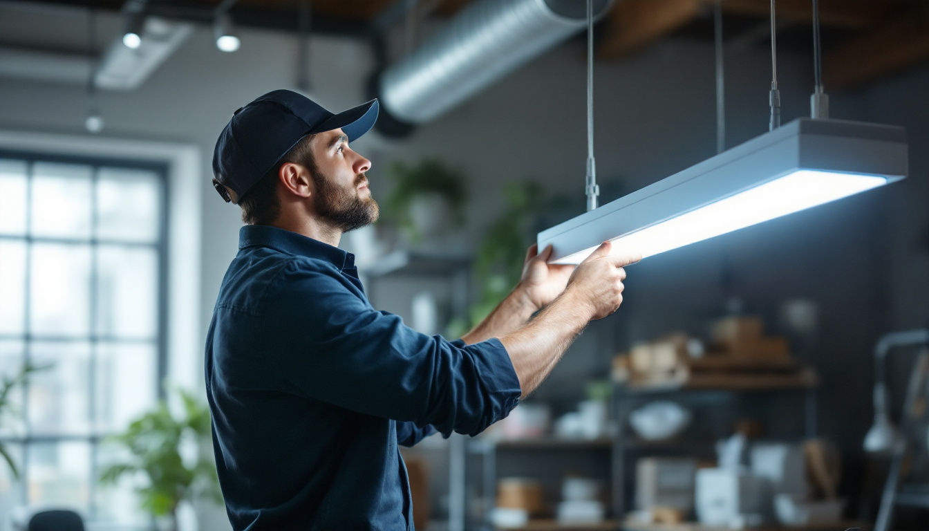 A photograph of a well-lit workspace featuring a lighting contractor installing or showcasing an 8-foot led fixture