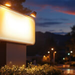 A photograph of a well-lit outdoor sign at dusk