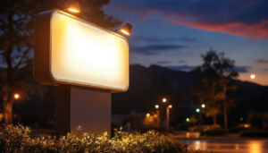 A photograph of a well-lit outdoor sign at dusk