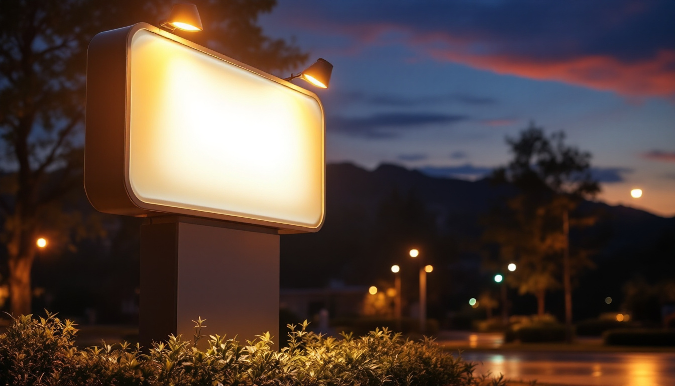 A photograph of a well-lit outdoor sign at dusk