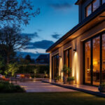 A photograph of a beautifully illuminated exterior space at dusk