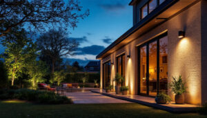 A photograph of a beautifully illuminated exterior space at dusk