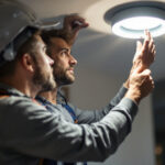 A photograph of a lighting contractor skillfully installing canister light trim rings in a modern home setting