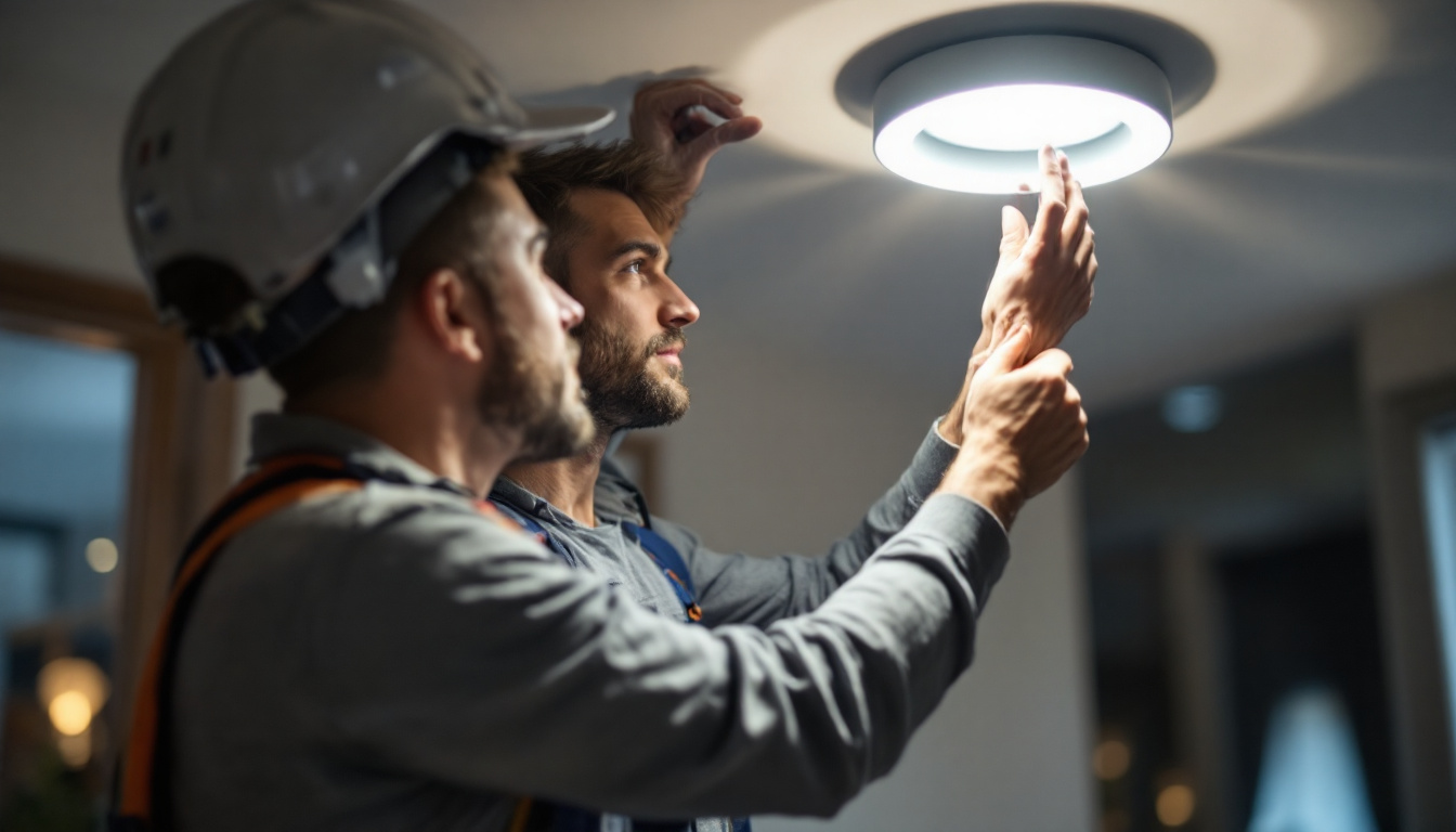 A photograph of a lighting contractor skillfully installing canister light trim rings in a modern home setting