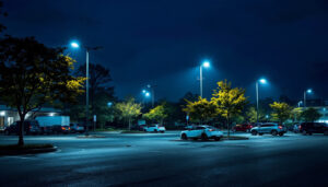 A photograph of a well-lit parking lot at dusk