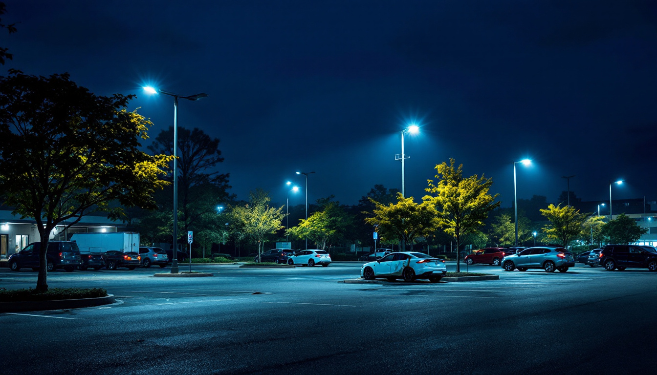 A photograph of a well-lit parking lot at dusk