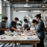 A photograph of a well-organized workspace featuring a diverse team of individuals collaborating on assembling pendant light fixture parts
