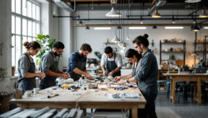A photograph of a well-organized workspace featuring a diverse team of individuals collaborating on assembling pendant light fixture parts