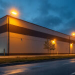 A photograph of a well-lit industrial facility at dusk