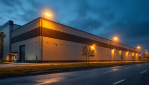 A photograph of a well-lit industrial facility at dusk