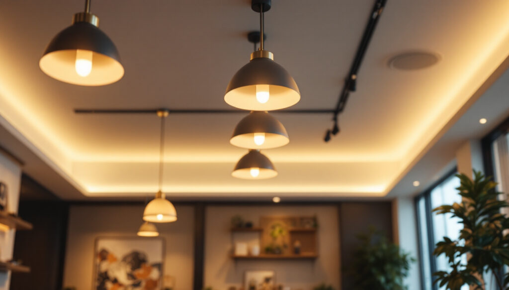 A photograph of a well-lit interior space featuring modern drop ceiling light fixtures