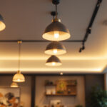 A photograph of a well-lit interior space featuring modern drop ceiling light fixtures