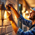 A photograph of a lighting contractor skillfully installing or adjusting a stylish outdoor light fixture