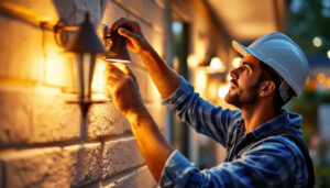 A photograph of a lighting contractor skillfully installing or adjusting a stylish outdoor light fixture