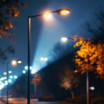 A photograph of a well-lit street scene featuring a modern street light pole in use