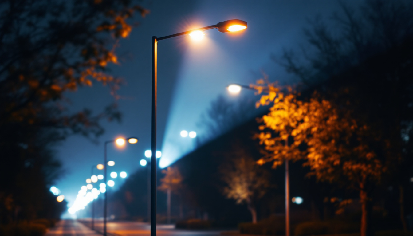 A photograph of a well-lit street scene featuring a modern street light pole in use