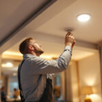 A photograph of a lighting contractor installing recessed led spotlights in a modern home setting