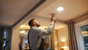 A photograph of a lighting contractor installing recessed led spotlights in a modern home setting