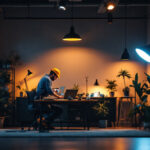 A photograph of a well-lit workspace that showcases the contrast between natural light and artificial lighting