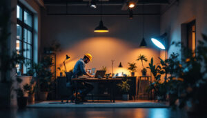 A photograph of a well-lit workspace that showcases the contrast between natural light and artificial lighting