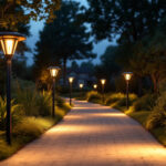 A photograph of a beautifully illuminated driveway featuring stylish solar post lamps
