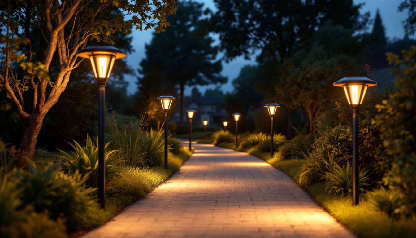 A photograph of a beautifully illuminated driveway featuring stylish solar post lamps