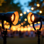 A photograph of a well-lit temporary lighting setup in an outdoor event setting