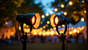 A photograph of a well-lit temporary lighting setup in an outdoor event setting