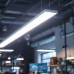 A photograph of a sleek 8-foot led light fixture installed in a modern workspace or industrial setting