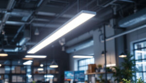 A photograph of a sleek 8-foot led light fixture installed in a modern workspace or industrial setting