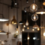 A photograph of a modern lighting showroom showcasing a variety of innovative light standards