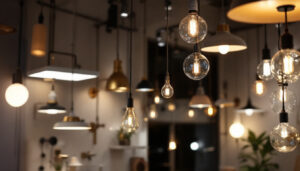 A photograph of a modern lighting showroom showcasing a variety of innovative light standards