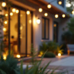 A photograph of a beautifully lit outdoor space featuring stylish gooseneck exterior lights illuminating a cozy patio or garden area