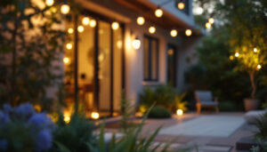 A photograph of a beautifully lit outdoor space featuring stylish gooseneck exterior lights illuminating a cozy patio or garden area