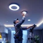 A photograph of a lighting contractor installing recessed led fixtures in a modern home setting
