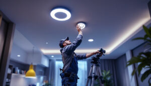 A photograph of a lighting contractor installing recessed led fixtures in a modern home setting