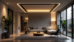 A photograph of a well-lit interior space featuring stylish recessed lighting