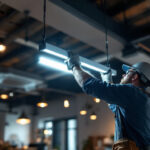 A photograph of a lighting contractor installing a 4ft led fixture in a commercial space