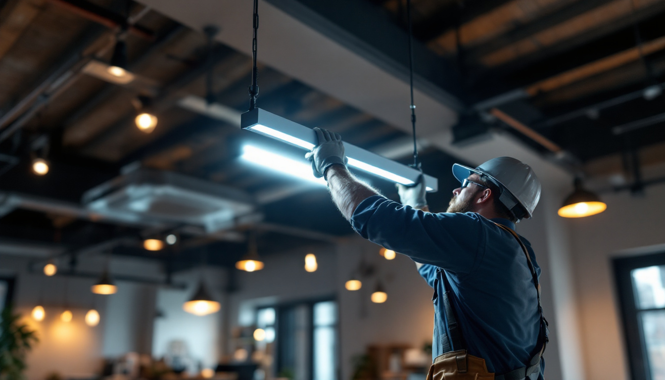 A photograph of a lighting contractor installing a 4ft led fixture in a commercial space